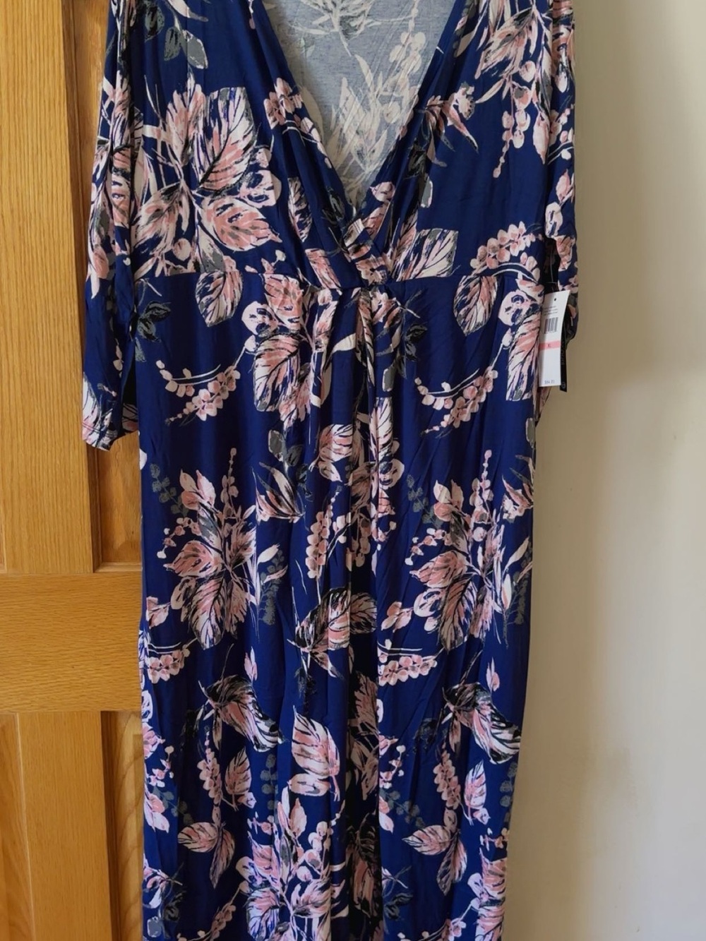 Navy Floral Maxi Dress with Pink Leaf Print and V-Neck Tie